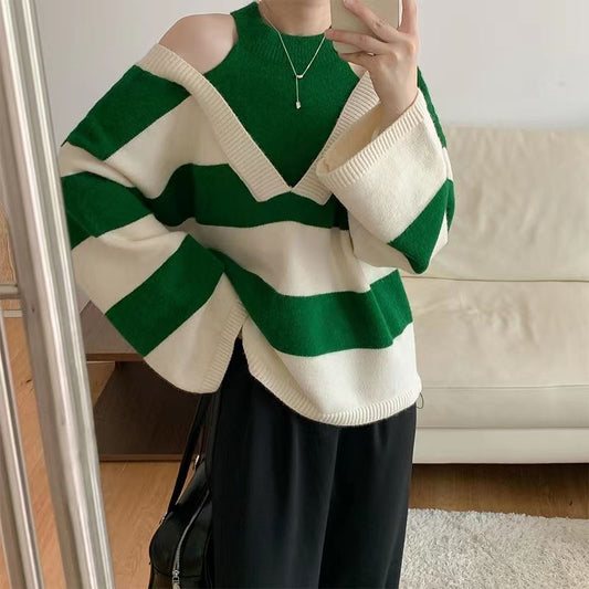 Halter Pullovers Striped Baggy Sweater For Women