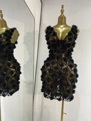 Floral Sequin Appliqué V Neck Mini Dress