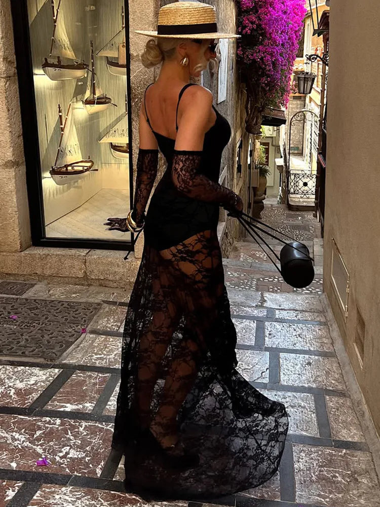 Back view of square neck lace maxi dress