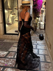 Back view of square neck lace maxi dress