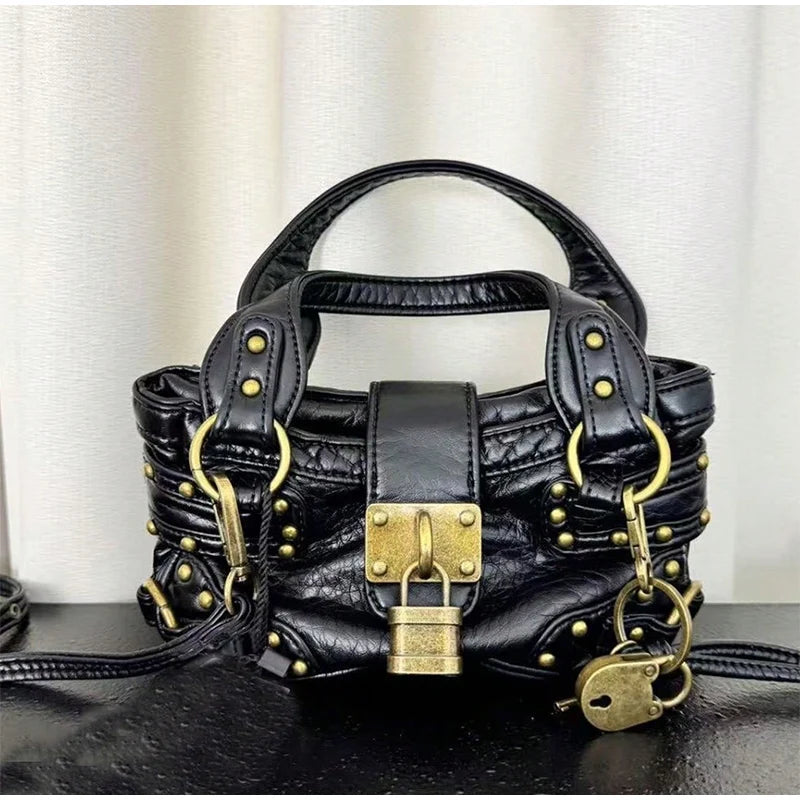 black PU mini satchel bag with gold lock detail,
