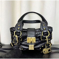 black PU mini satchel bag with gold lock detail,
