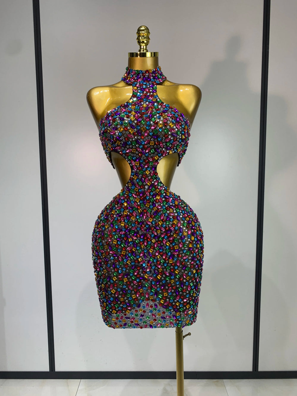 Halter neck rhinestone mini dress with cut-out details