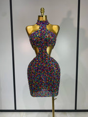 Halter neck rhinestone mini dress with cut-out details
