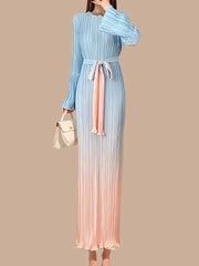 Women's Pleated Gradient Round Collar Long Sleeve Maxi Dress