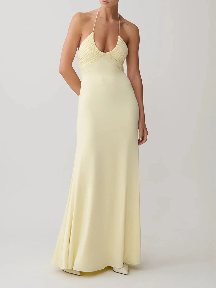 Halter neck ruched maxi dress close-up