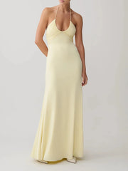 Halter neck ruched maxi dress close-up