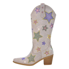 Cowboy boot with star designs on a white background