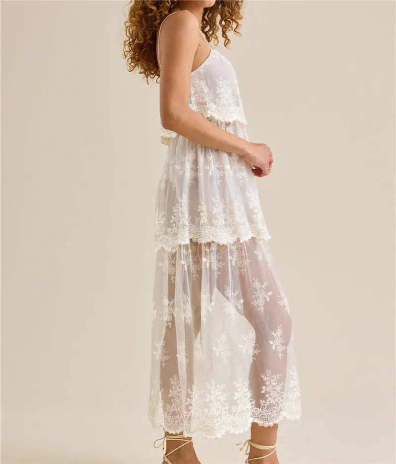 Side view of floral lace maxi dress with spaghetti straps