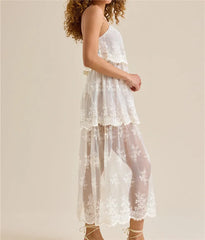Side view of floral lace maxi dress with spaghetti straps