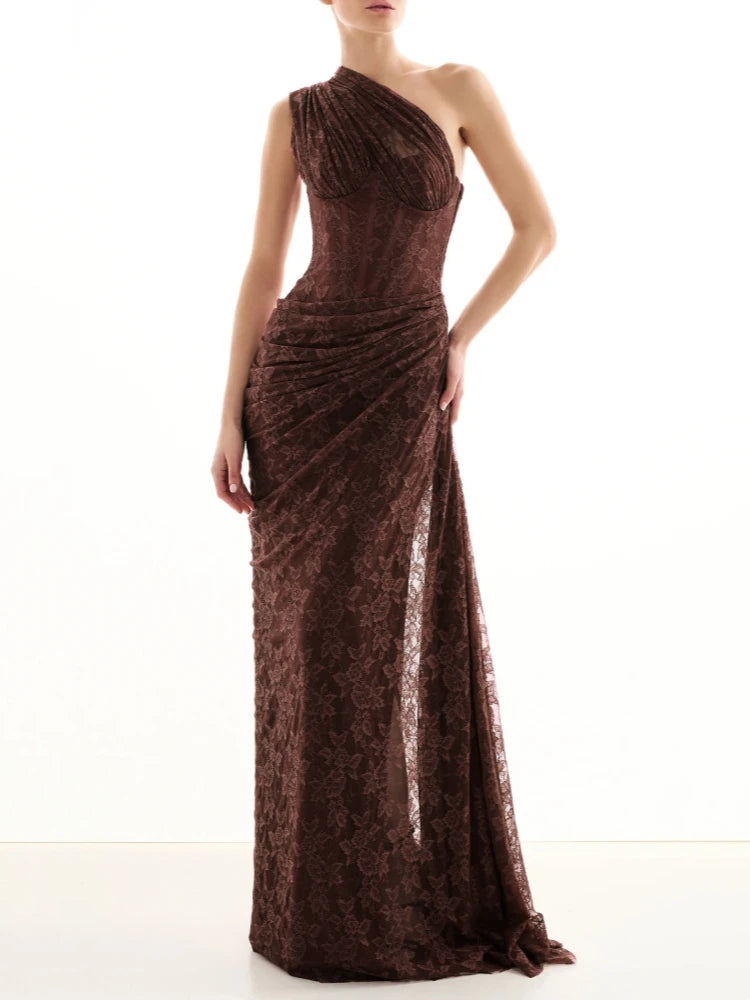 Brown one shoulder lace maxi dress with draped detail.