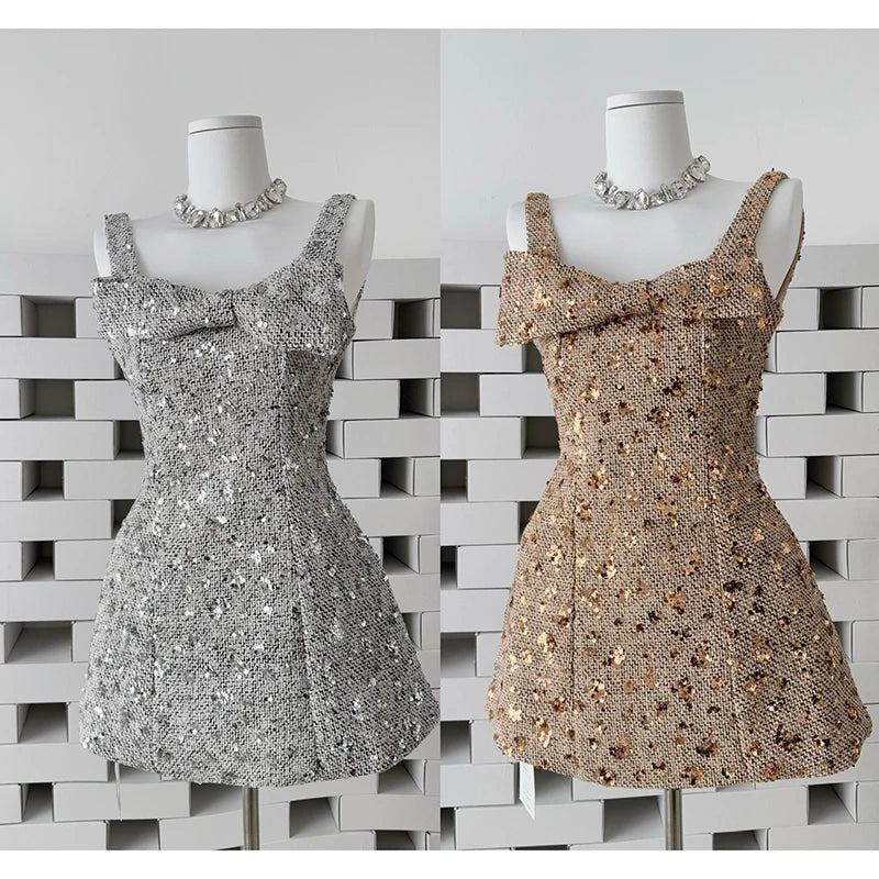 Silver and gold sequin mini dresses side-by-side