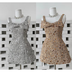 Silver and gold sequin mini dresses side-by-side