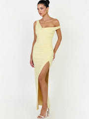 Asymmetrical Neck High Slit Maxi Dress