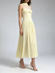 Yellow Mesh Ruched Twist Front Midi Dress