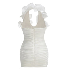 White Ruffled Neck Halter Ruched Mini Dress