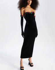 Open Shoulder 3D Floral Sequins Black Velvet Long Dress With Gloves