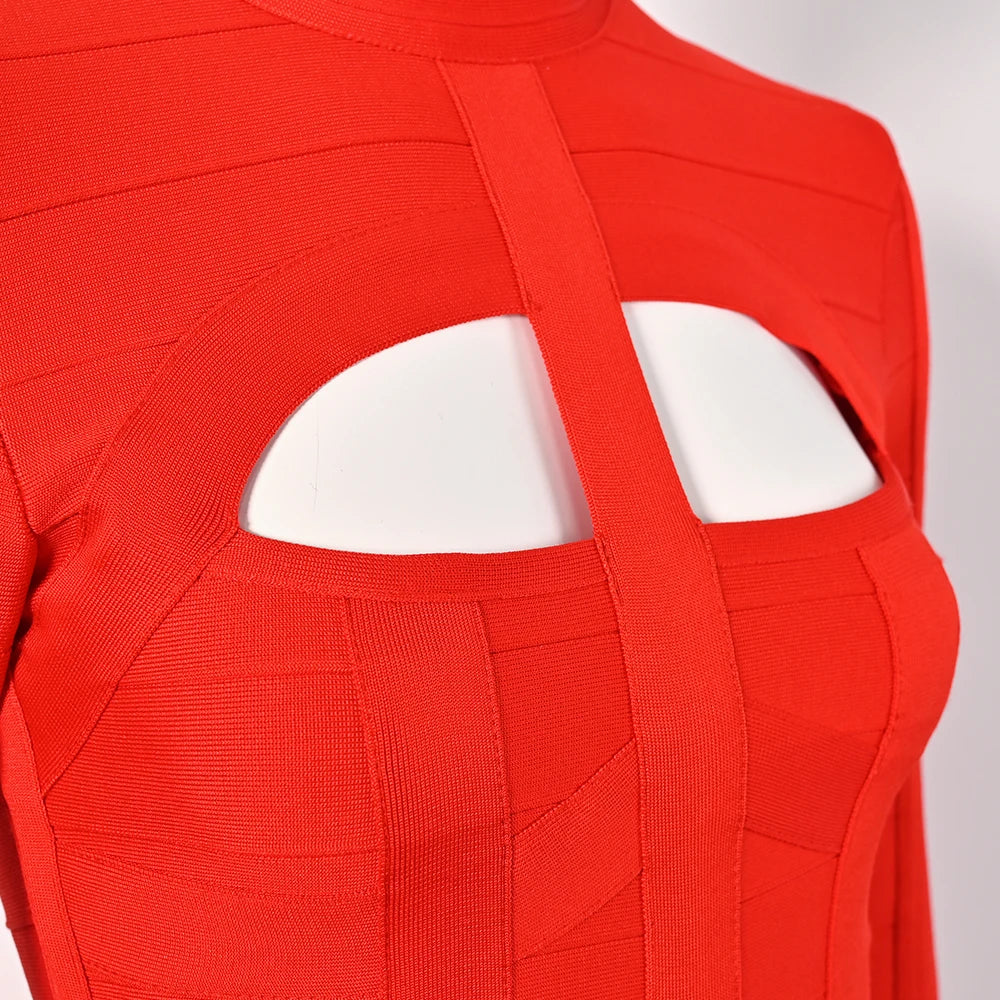 Red dress with cut-out design on a white background