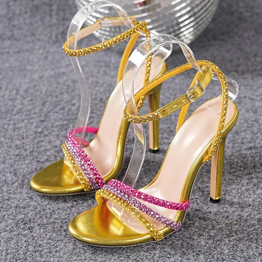 Rhinestone ankle strap stiletto heel sandals in gold