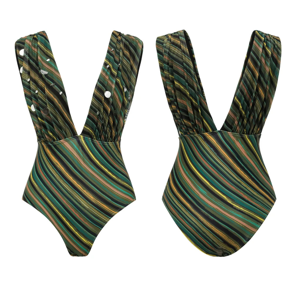 Front and back views of the deep V-neck one-piece swimsuit with shirred detailing and metallic accents.