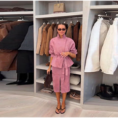 Pink Lapel Neck Belted Jacket with Slit Midi Skirt Two-Piece Set