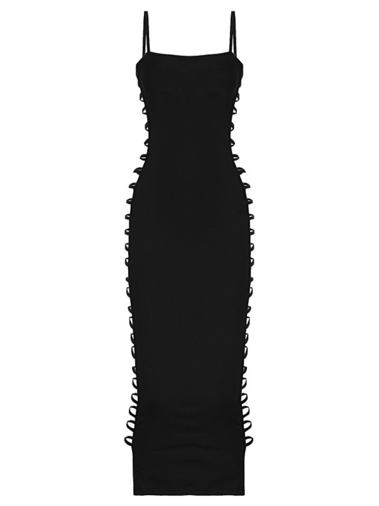 Black dress with lace-up sides on a white background