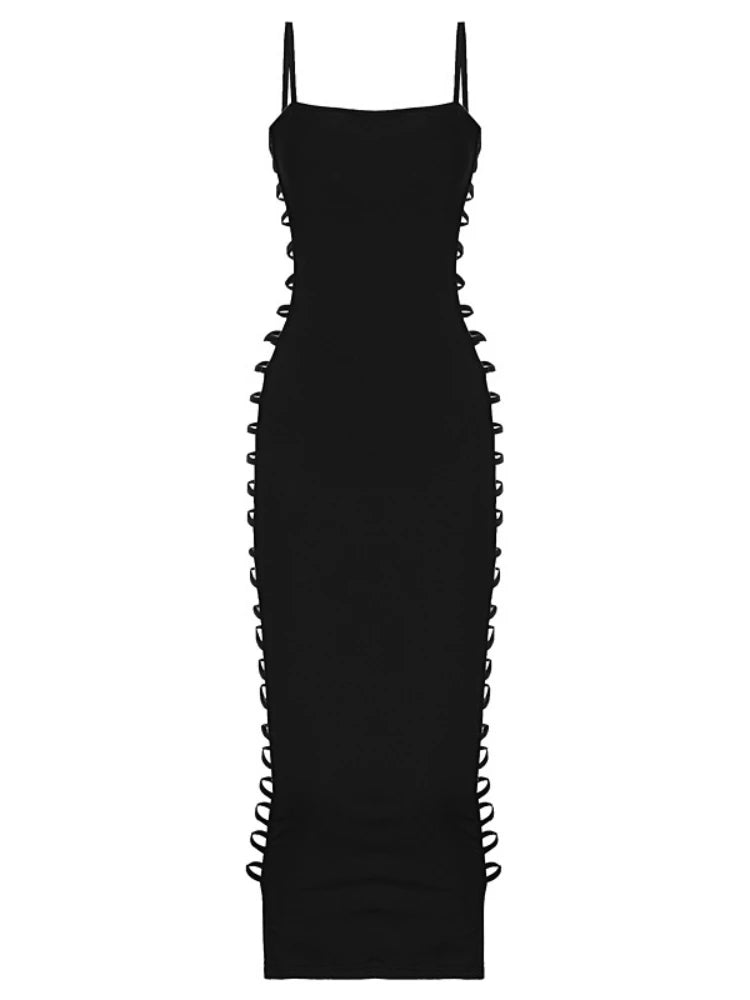 Black dress with lace-up sides on a white background