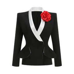 Peplum Blazer with Contrast Lapel and Flower Brooch