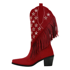 Red cowboy boot with star patterns and fringes on a white background, branded 'Only Maker'.