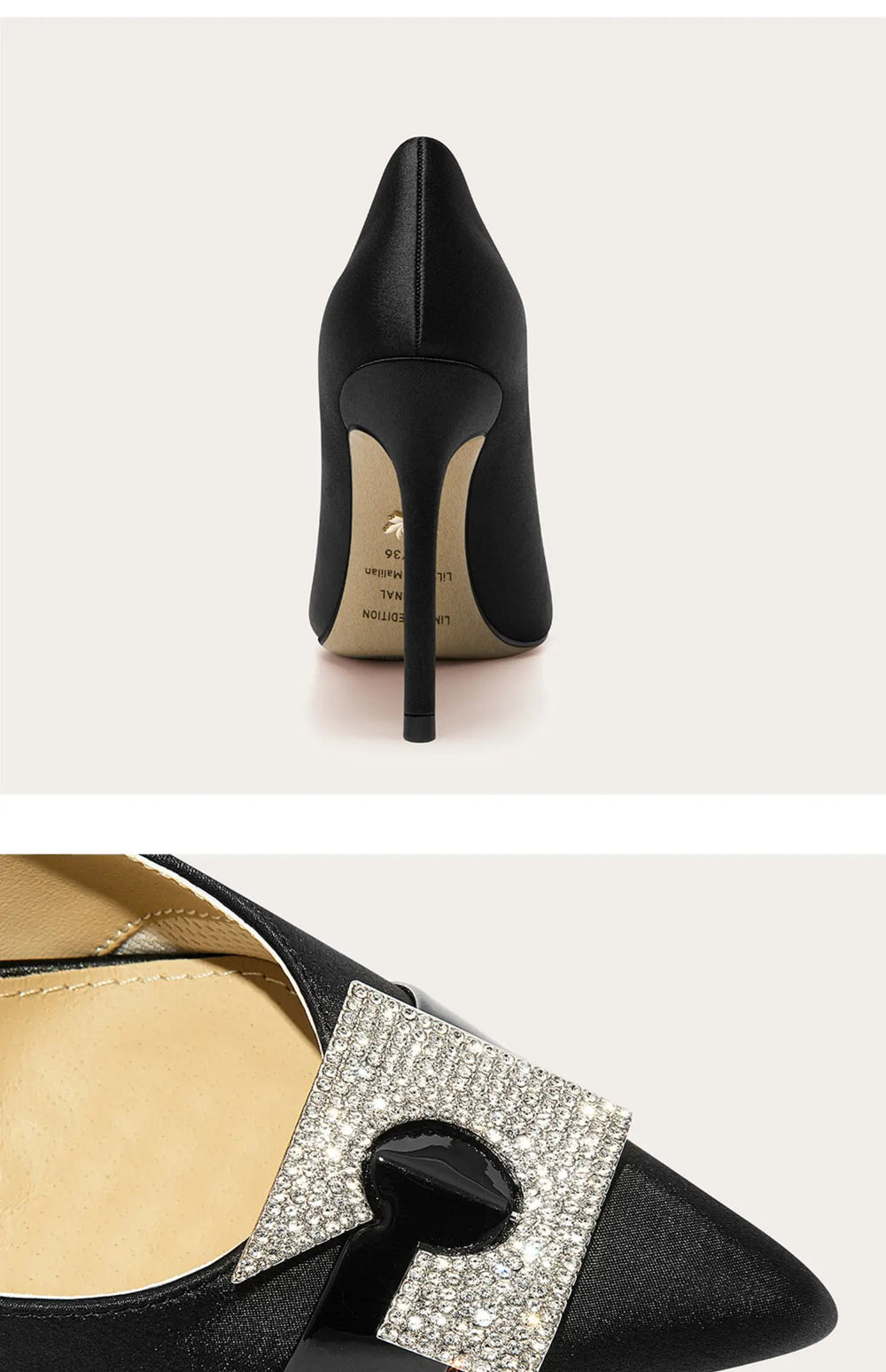 Black high-heeled shoes with a decorative buckle on a white background