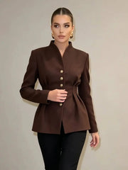 Peplum Waist V-Neck Pearl Button Blazer
