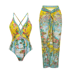 Yellow Print Ruffle Strap Swimwear Set