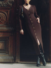 Woman wearing a long brown dress with buttons standing in front of an ornate wooden door.