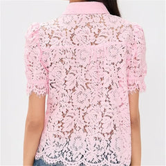 Lace Mandarin Collar Puff Sleeve Shirt