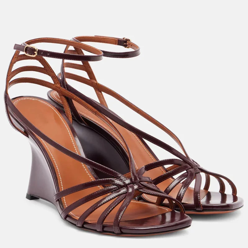 Strappy wedge heel sandals in burgundy