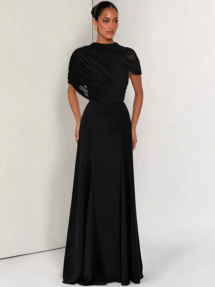 Black draped mock neck maxi dress with short sleeves