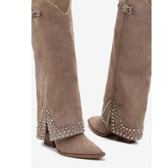 Pair of taupe suede knee-high boots with pointed toe and silver stud embellishments