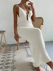 Open Back Halter Lace-Up V-Neck Women Long Dress