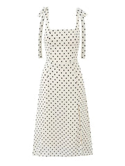 Square Neck Sleeveless Polka Dot A-Line Midi Dress with Tie Shoulder Straps