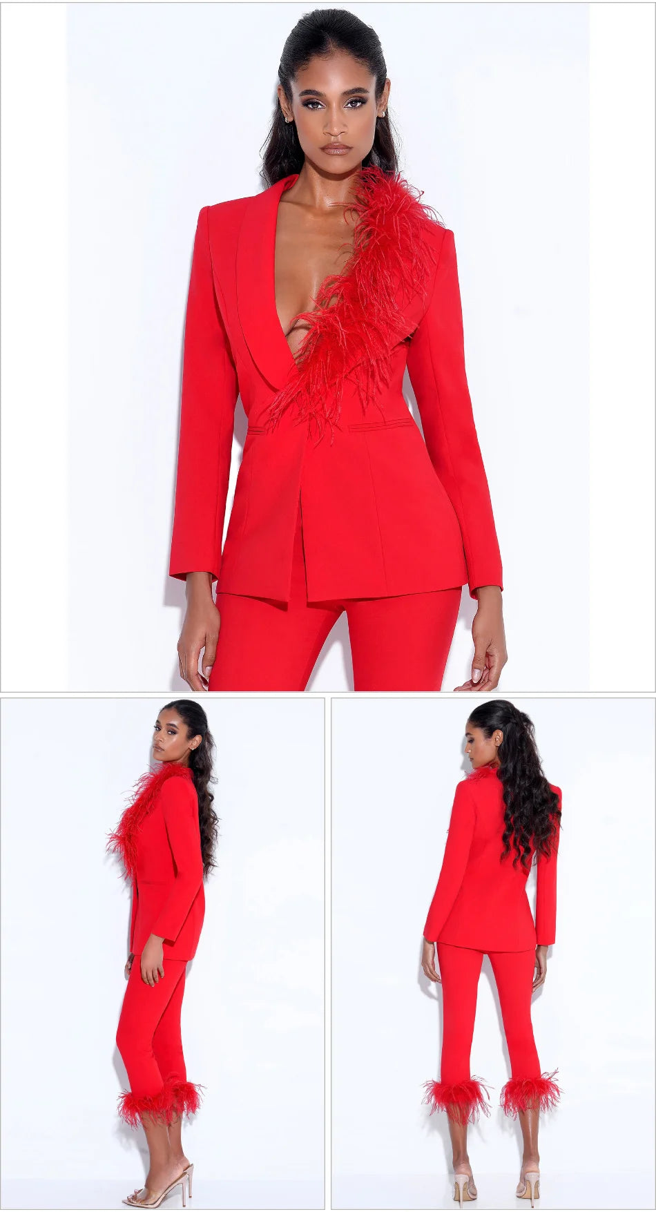 Red outfit with a blazer and pants on a white background