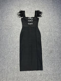 Black Square Neck Crystal Bow Feathers Bandage Midi Dress