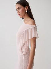 Pink Asymmetrical One Shoulder Ruffle Hem Midi Dress