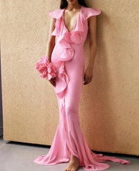 Pink Dress Ruffle Layer Flower Mermaid V-neck Floor Length Dress