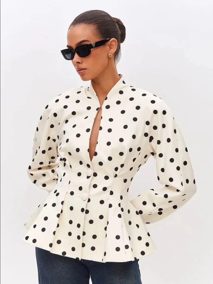 Polka dot peplum blazer with puff shoulders detail