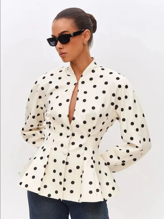 Polka dot peplum blazer with puff shoulders detail
