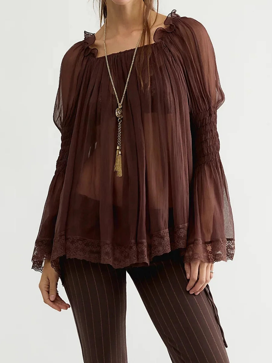 Sheer chiffon smocked cuff blouse - dark brown