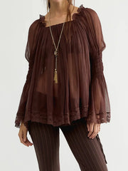 Sheer chiffon smocked cuff blouse - dark brown