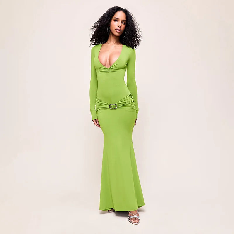 Lime green plunge neck long sleeve maxi dress styled from the side
