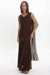 Brown draped cowl neck mesh maxi dress side view