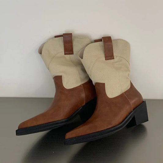 Mixed color pointed toe ankle boots